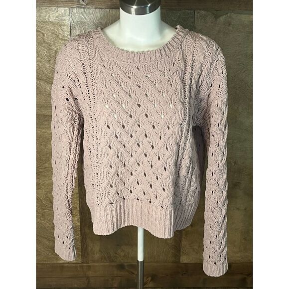 Open Knit Long Sleeve Sweater Textured Pullover Relaxed Fit Pink - Picture 1 of 5